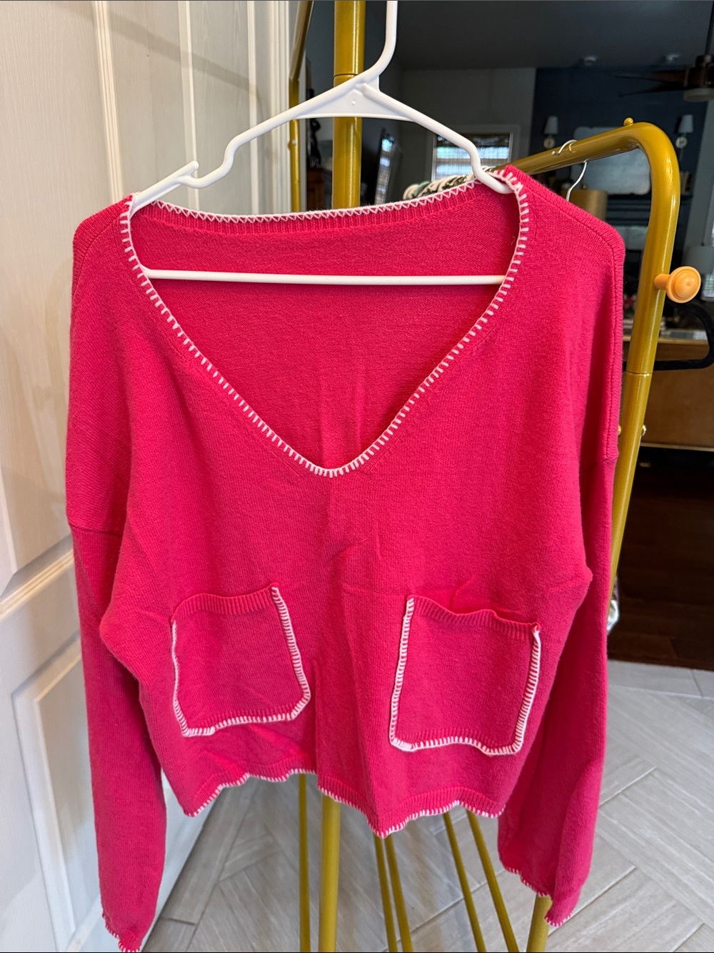 Bright hot Pink V-Neck Pocket Sweater